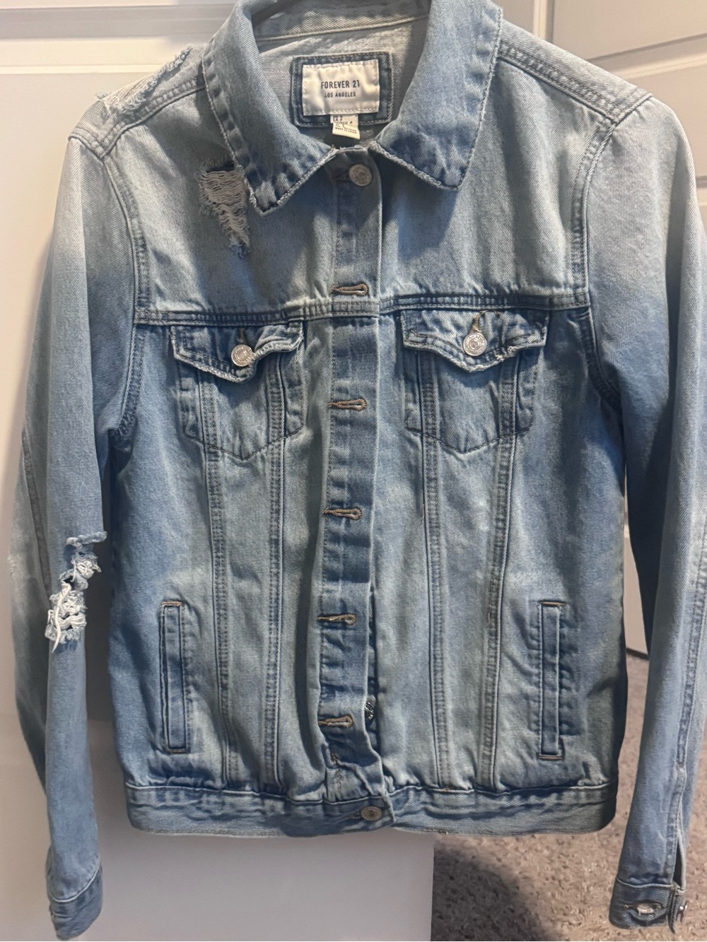 Forever 21 Faded Light Blue Distressed Denim Jacket
